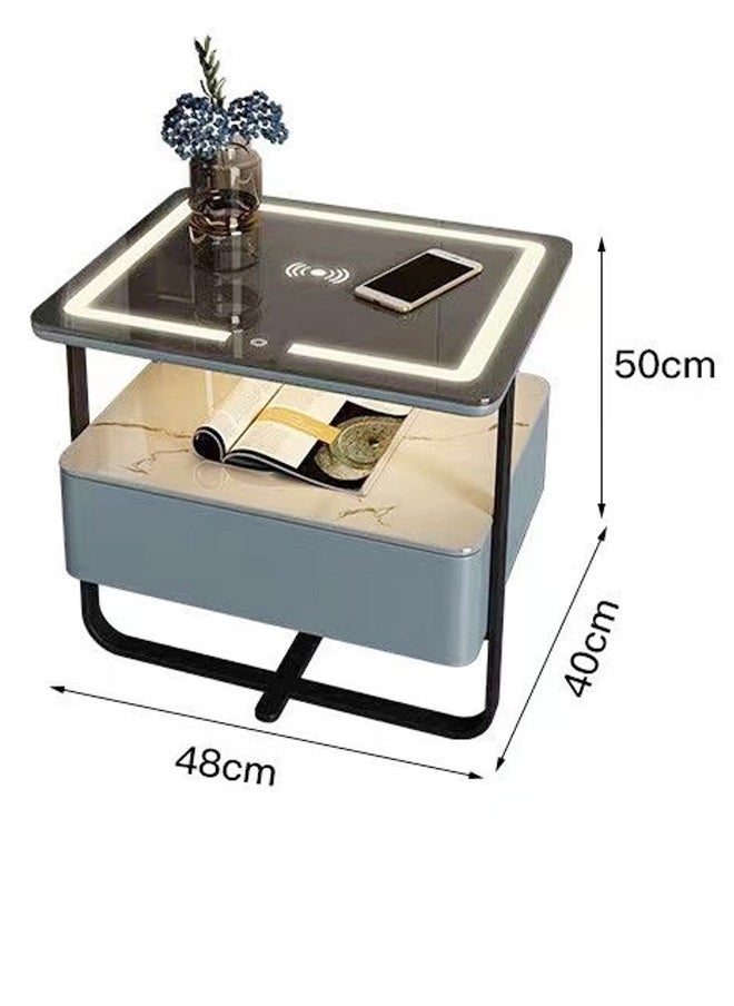 Raffine - Multifunction Modern Unique Design Adjustable LED Lights Bedside Table Smart Wireless Charging Enable Glass Top Nightstand with Storage Drawer and Open Shelves 48x40x50 cm (Fully Assembled) - Image 1
