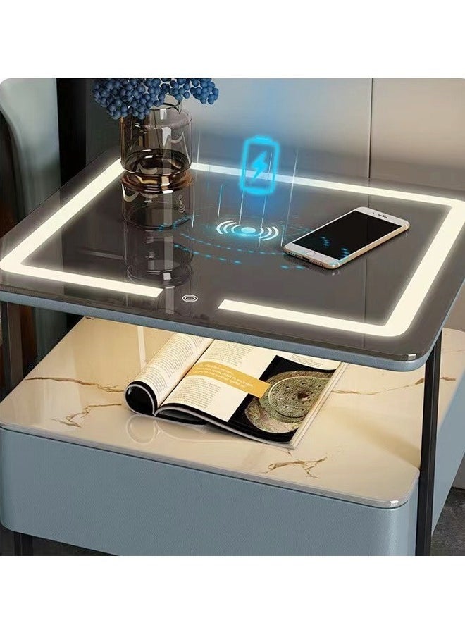 Raffine - Multifunction Modern Unique Design Adjustable LED Lights Bedside Table Smart Wireless Charging Enable Glass Top Nightstand with Storage Drawer and Open Shelves 48x40x50 cm (Fully Assembled) - Image 1