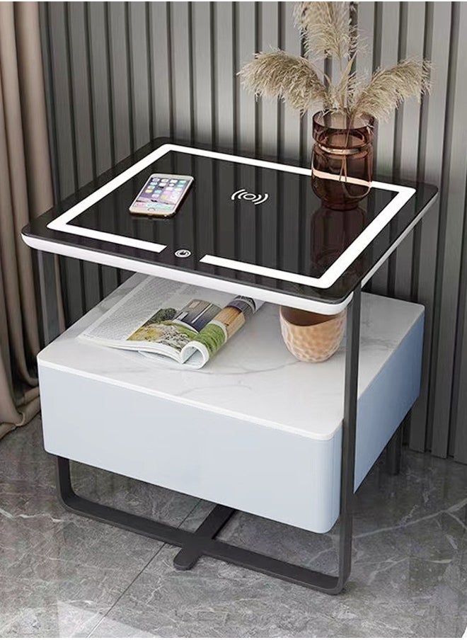 Raffine - Multifunction Modern Unique Design Adjustable LED Lights Bedside Table Smart Wireless Charging Enable Glass Top Nightstand with Storage Drawer and Open Shelves 48x40x50 cm (Fully Assembled) - Image 1