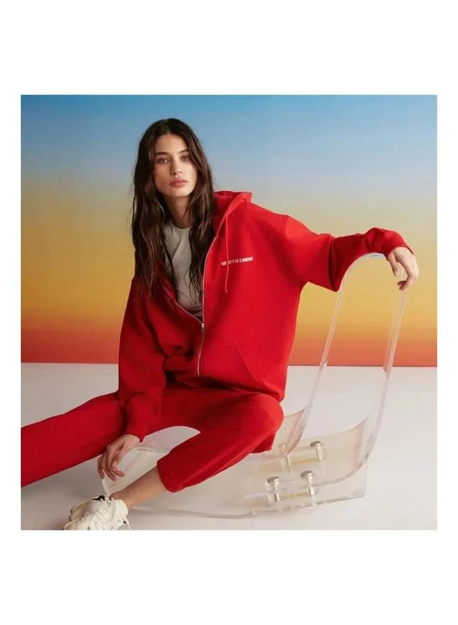 Grimelange Ametıs Women's Oversized Organic Cotton Metal Zipper Hooded Red Sweatshirt.