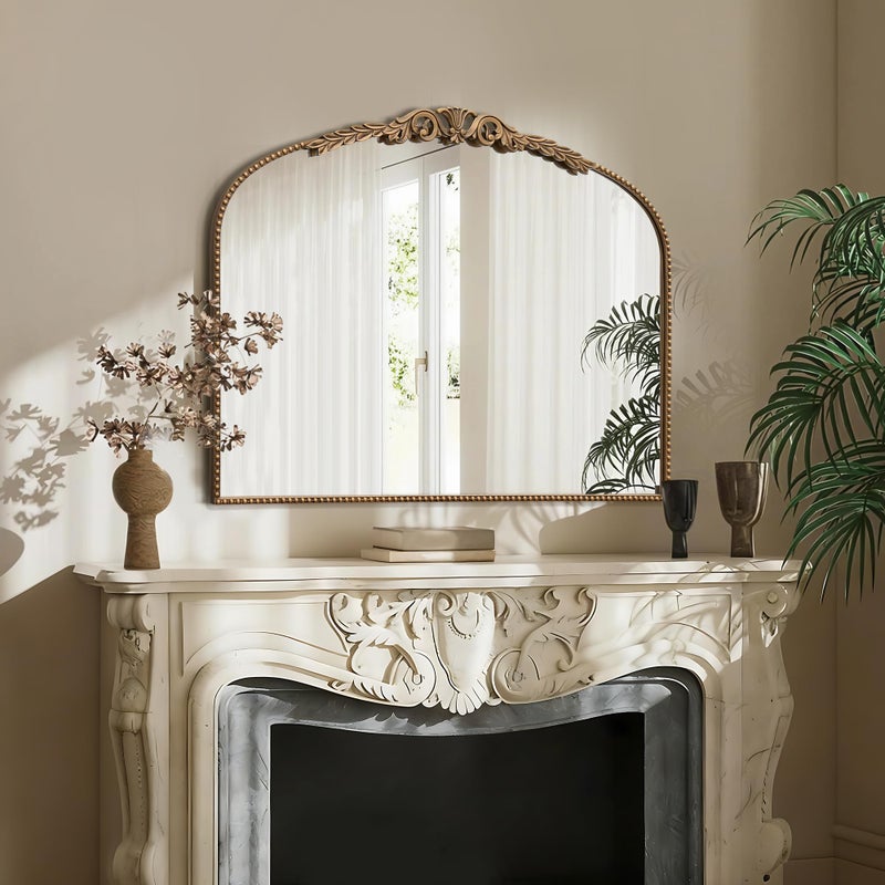 Besdomus Gold Vintage Vanity Mirror: 24"x 32" French Baroque Arched Mirror - Traditional Ornate Antique Mirrors for Wall/Dresser/Mantel/Bedroom/Entryway/Bathroom/Hallway - Home Decor for Living Room - Image 1
