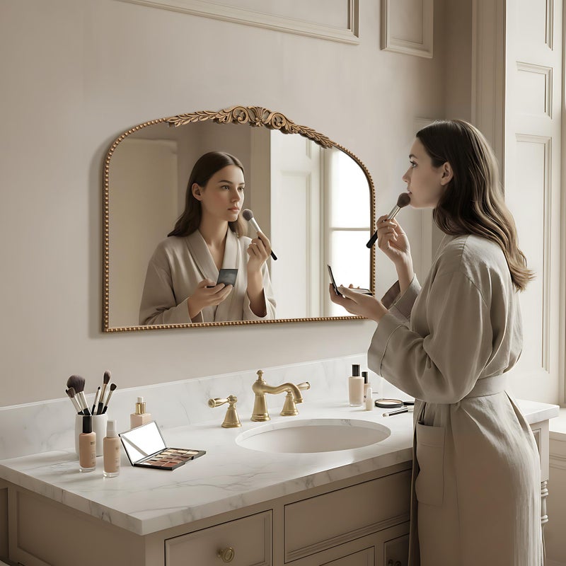 Besdomus Gold Vintage Vanity Mirror: 24"x 32" French Baroque Arched Mirror - Traditional Ornate Antique Mirrors for Wall/Dresser/Mantel/Bedroom/Entryway/Bathroom/Hallway - Home Decor for Living Room - Image 3