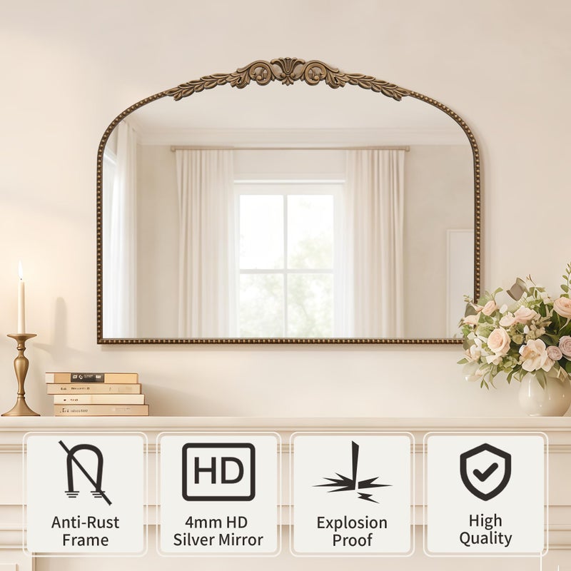 Besdomus Gold Vintage Vanity Mirror: 24"x 32" French Baroque Arched Mirror - Traditional Ornate Antique Mirrors for Wall/Dresser/Mantel/Bedroom/Entryway/Bathroom/Hallway - Home Decor for Living Room - Image 2