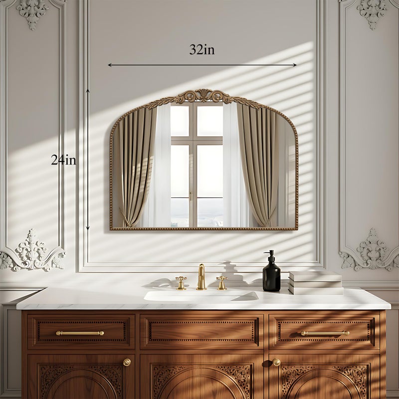 Besdomus Gold Vintage Vanity Mirror: 24"x 32" French Baroque Arched Mirror - Traditional Ornate Antique Mirrors for Wall/Dresser/Mantel/Bedroom/Entryway/Bathroom/Hallway - Home Decor for Living Room - Image 4