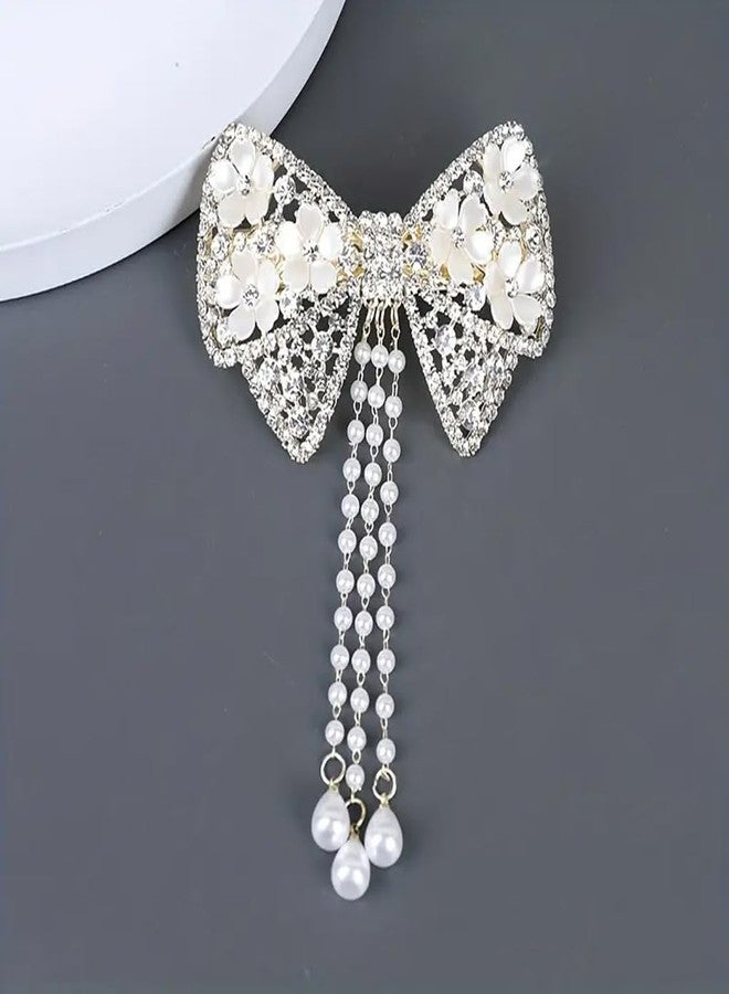 RHOSYN HAIR ACCESSORIES Embellished Hair Bow Clips for Women | Stone Crystal Clips Barrette Clip | Fancy Stylish Bow With Tassel Hair Clips for Girls (Golden White Color Pack-1) B014 - Image 1