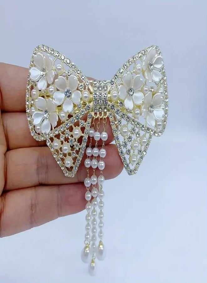 RHOSYN HAIR ACCESSORIES Embellished Hair Bow Clips for Women | Stone Crystal Clips Barrette Clip | Fancy Stylish Bow With Tassel Hair Clips for Girls (Golden White Color Pack-1) B014 - Image 4