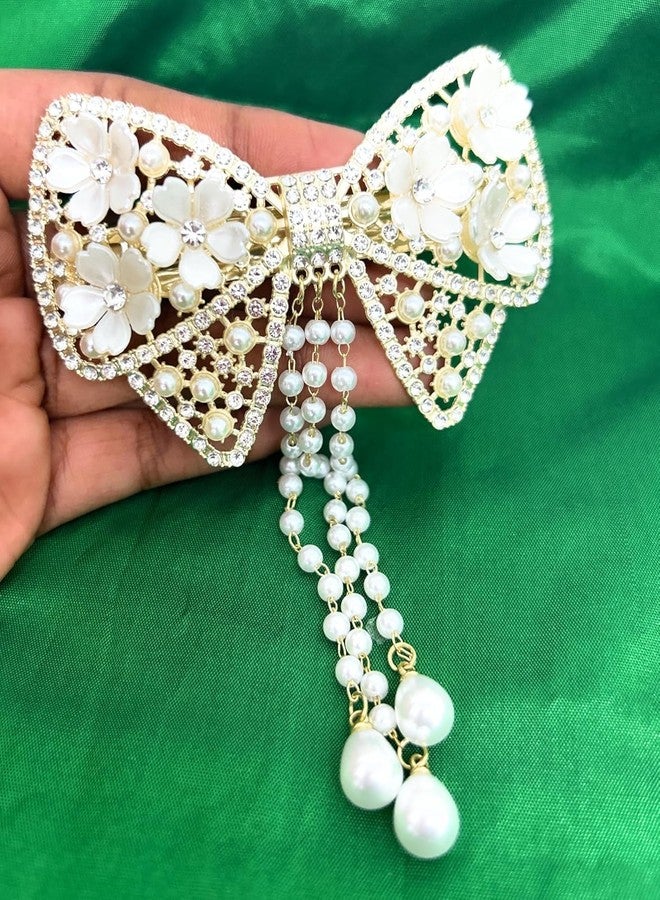 RHOSYN HAIR ACCESSORIES Embellished Hair Bow Clips for Women | Stone Crystal Clips Barrette Clip | Fancy Stylish Bow With Tassel Hair Clips for Girls (Golden White Color Pack-1) B014 - Image 5