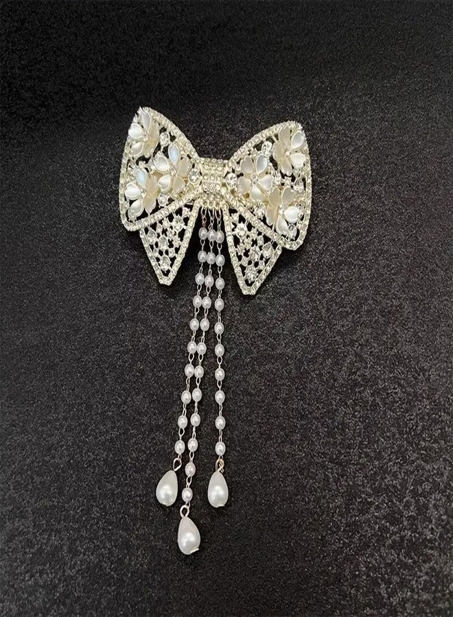 RHOSYN HAIR ACCESSORIES Embellished Hair Bow Clips for Women | Stone Crystal Clips Barrette Clip | Fancy Stylish Bow With Tassel Hair Clips for Girls (Golden White Color Pack-1) B014 - Image 2