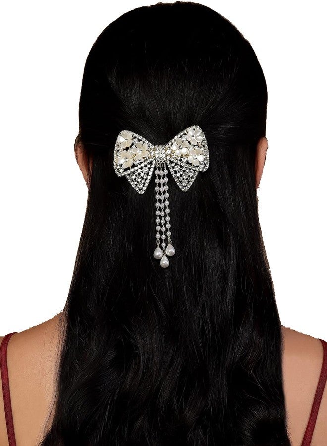 RHOSYN HAIR ACCESSORIES Embellished Hair Bow Clips for Women | Stone Crystal Clips Barrette Clip | Fancy Stylish Bow With Tassel Hair Clips for Girls (Golden White Color Pack-1) B014 - Image 3