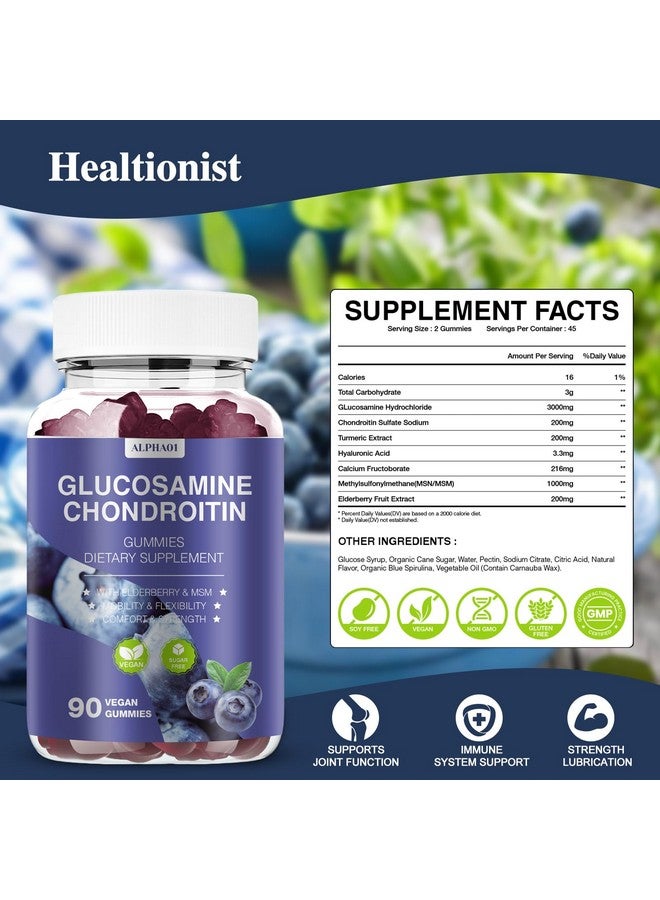 ALPHA01 Glucosamine Chondroitin Gummies - 3000MG Extra Strength Joint Support Supplement with MSM & Elderberry, Flexibility, Antioxidant Immune Support Gummy for Adults, Men & Women 90 Blueberry Gummies - Image 2