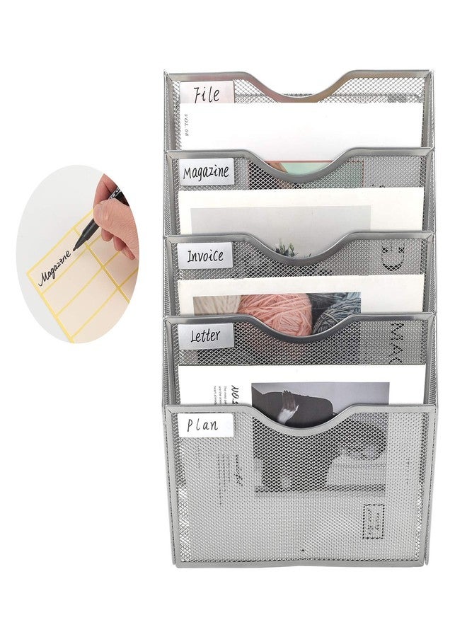 EasyPAG Hanging Wall File Organizer, 5 Pocket Wall Mounted Mail Organizer, Vertical Document Folder Holder with Nametag Label, Space Saving Paper Storage Magazine Rack for Office Home School, Silver - Image 2