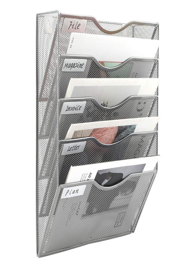 EasyPAG Hanging Wall File Organizer, 5 Pocket Wall Mounted Mail Organizer, Vertical Document Folder Holder with Nametag Label, Space Saving Paper Storage Magazine Rack for Office Home School, Silver - Image 1