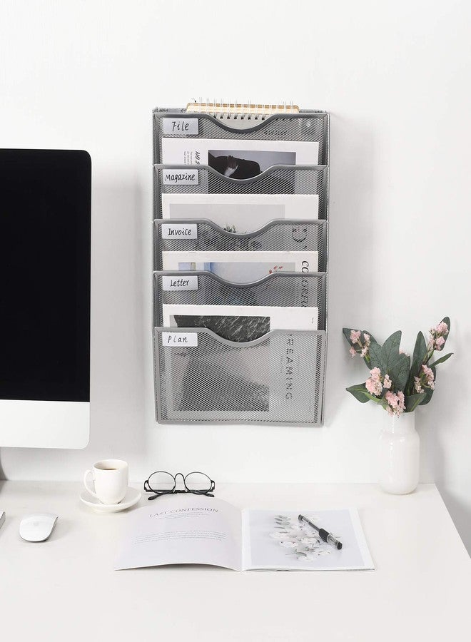 EasyPAG Hanging Wall File Organizer, 5 Pocket Wall Mounted Mail Organizer, Vertical Document Folder Holder with Nametag Label, Space Saving Paper Storage Magazine Rack for Office Home School, Silver - Image 5