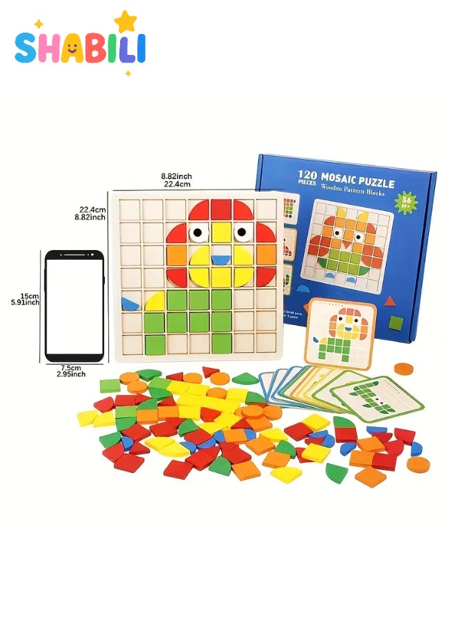 SHABILI Wooden Mosaic Puzzle Toy for Kids Toddlers Children, Educational Shape Matching Game with Pattern Cards, Color Recognition Learning Toy, Montessori Pattern Blocks Set - Image 1