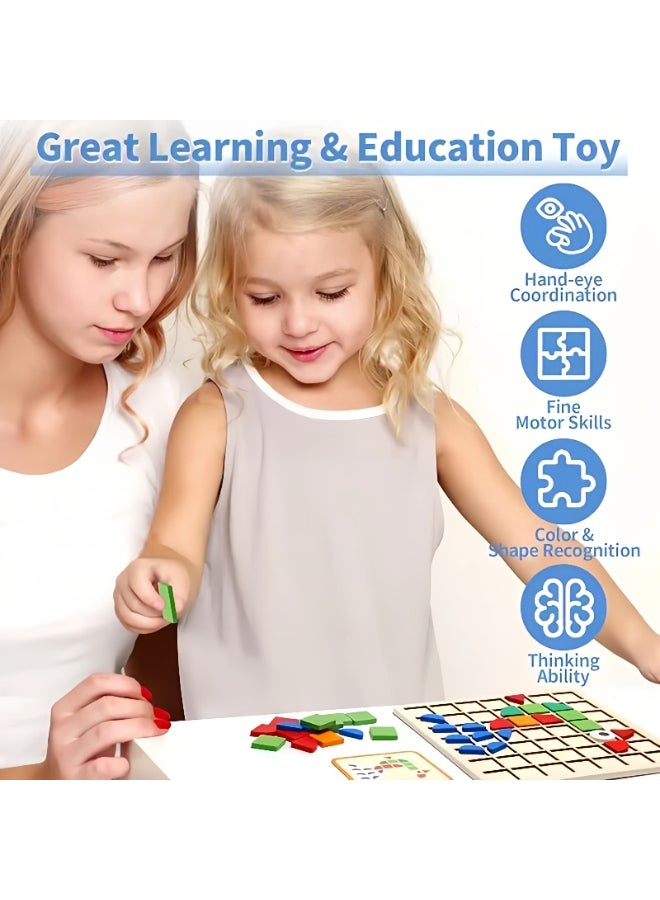 SHABILI Wooden Mosaic Puzzle Toy for Kids Toddlers Children, Educational Shape Matching Game with Pattern Cards, Color Recognition Learning Toy, Montessori Pattern Blocks Set - Image 2
