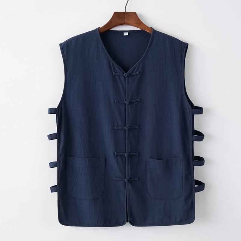 Tang suit mens sleeveless sweatshirt vest vest mandarin jacket summer Chinese style Chinese buckle old head shirt waistcoat Navy blue 