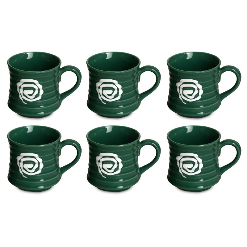 Caffeine Ceramic Handmade Green Spiral White Doodle Tea Cups (Set of 6) - Image 1