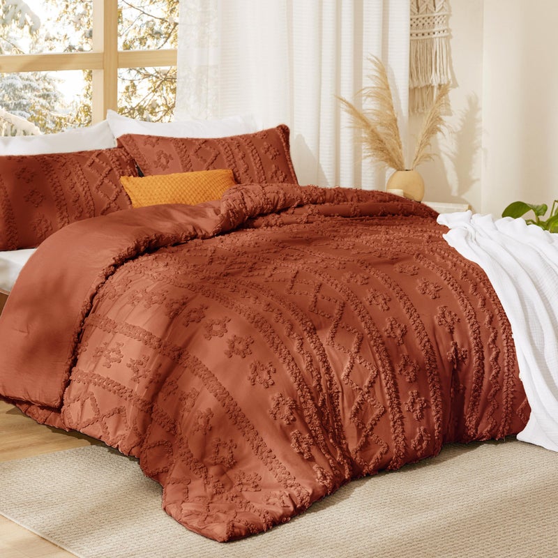 Bedsure Tufted Boho Comforter Set California King - Terracotta Boho Bed Set, GentleSoftâ„¢ 3 Pieces Farmhouse Shabby Chic Embroidery Bedding, Gifts for Woman, Soft Jacquard Comforter for All Seasons - Image 2