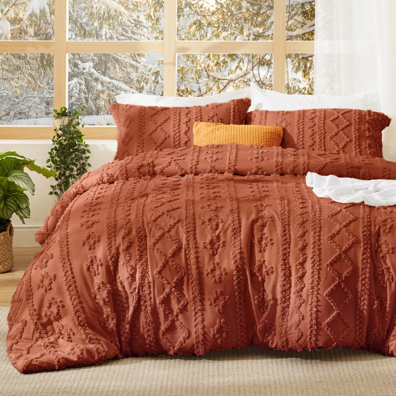 Bedsure Tufted Boho Comforter Set California King - Terracotta Boho Bed Set, GentleSoftâ„¢ 3 Pieces Farmhouse Shabby Chic Embroidery Bedding, Gifts for Woman, Soft Jacquard Comforter for All Seasons - Image 1