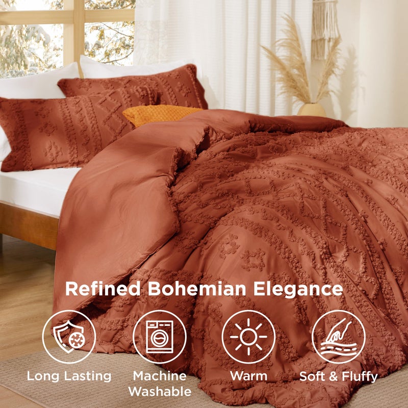 Bedsure Tufted Boho Comforter Set California King - Terracotta Boho Bed Set, GentleSoftâ„¢ 3 Pieces Farmhouse Shabby Chic Embroidery Bedding, Gifts for Woman, Soft Jacquard Comforter for All Seasons - Image 4