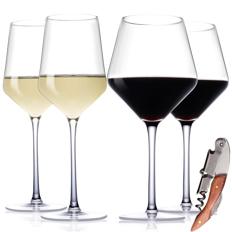 Physkoa Red and White Wine Glasses Set of 4 with Corkscrew 23oz14oz Hand Blown Crystal Glasses  Large Burgundy Glasses Wedding Housewarming Christmas Mothers Day Gifts