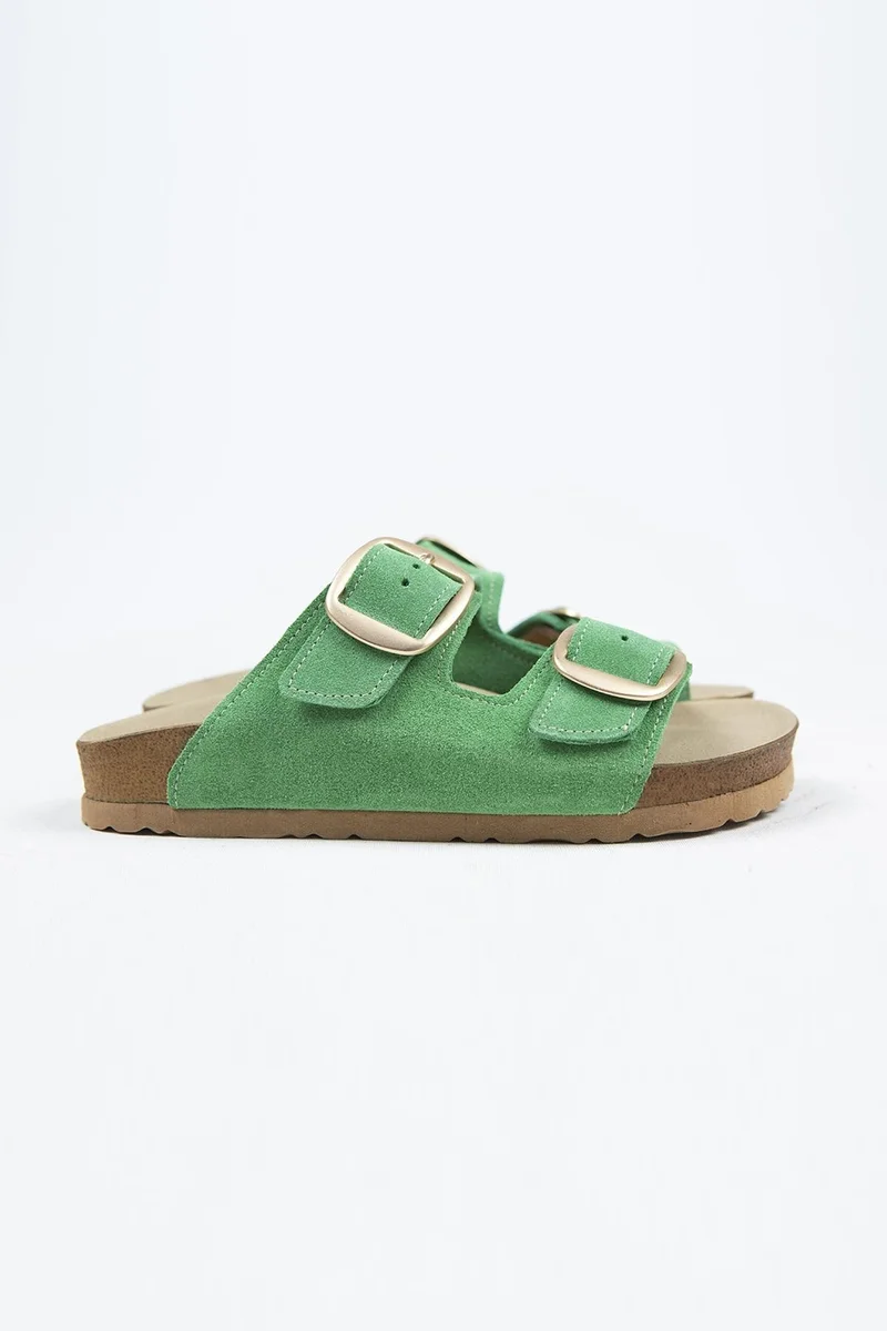 Manijero Manijero Irene Genuine Leather Double Buckle Green Slippers