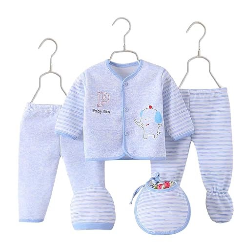 Fancy Walas New Born Baby Winter Wear Keep Warm Cartoon Printed Clothes for Boy & Girl 5 Pieces with Jacket, Pants, Bib, Booties | Winter Clothing Set First Gift For New Born Baby (Blue, 0-3 Months) - Image 1