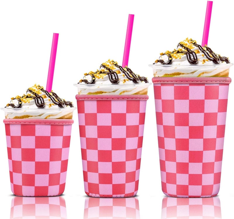 كي بي اكس 3 Pack Iced Coffee Cup Sleeve for Large Sized Cups, Reusable Neoprene Iced Coffee Cup Holder for Hot Cold Drinks, Compatible with Starbucks, Dunkin Donuts, and More（Rose Checkered） - Image 1