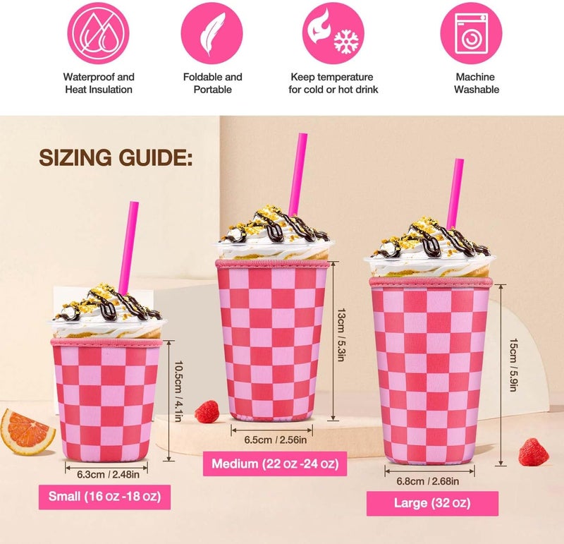 كي بي اكس 3 Pack Iced Coffee Cup Sleeve for Large Sized Cups, Reusable Neoprene Iced Coffee Cup Holder for Hot Cold Drinks, Compatible with Starbucks, Dunkin Donuts, and More（Rose Checkered） - Image 2