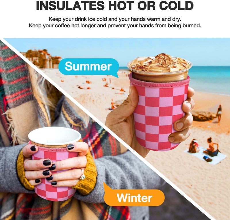 كي بي اكس 3 Pack Iced Coffee Cup Sleeve for Large Sized Cups, Reusable Neoprene Iced Coffee Cup Holder for Hot Cold Drinks, Compatible with Starbucks, Dunkin Donuts, and More（Rose Checkered） - Image 4