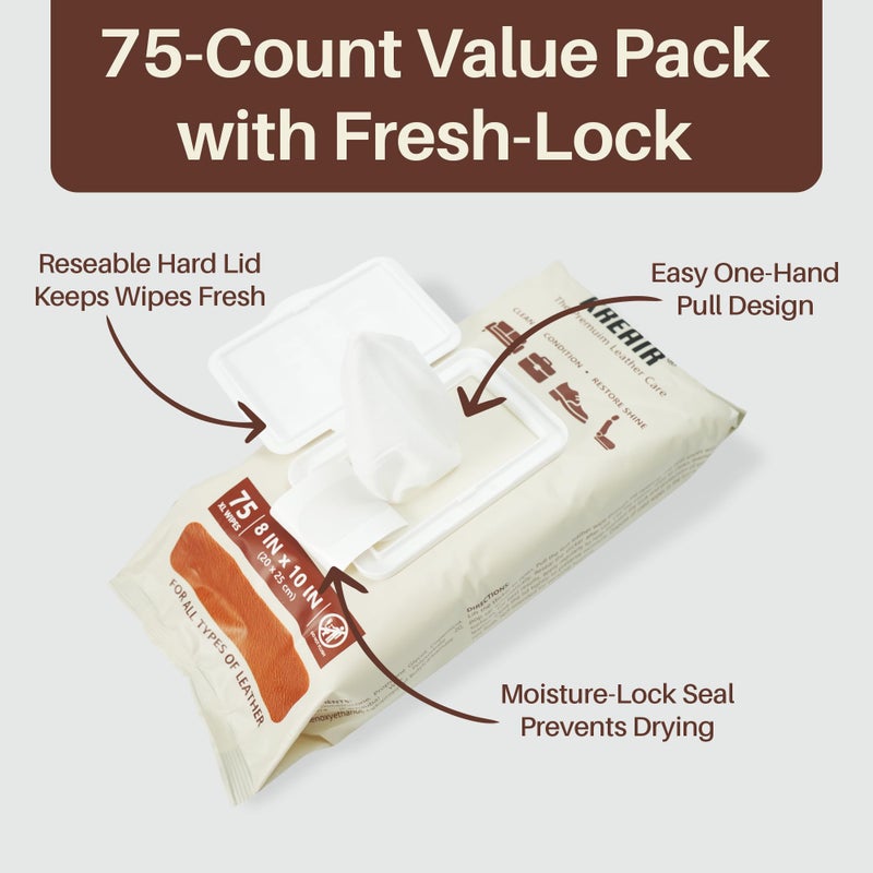 Kreair 3in1 Leather Wipes 75 XL Count, Clean, Condition & Restore Shine, Extra-Large 8"x10" Wipes for Car Seats, Shoes, Furniture & Bags, Thick, Durable & Non-Linting, Safe for All Leather Types - Image 5