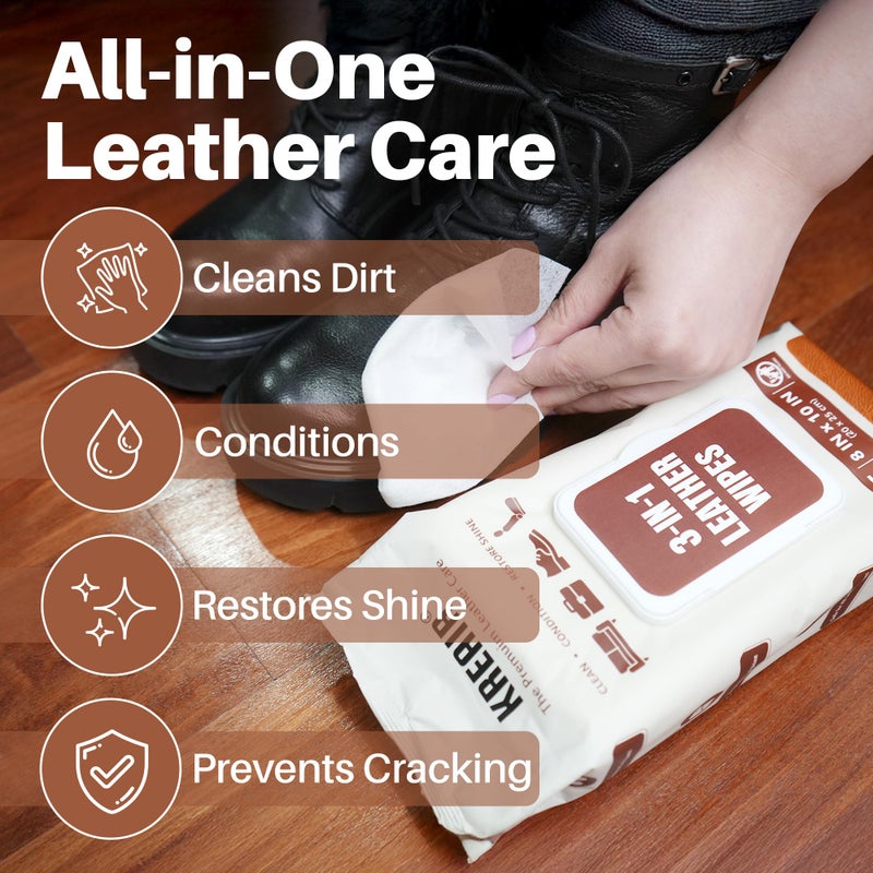 Kreair 3in1 Leather Wipes 75 XL Count, Clean, Condition & Restore Shine, Extra-Large 8"x10" Wipes for Car Seats, Shoes, Furniture & Bags, Thick, Durable & Non-Linting, Safe for All Leather Types - Image 4