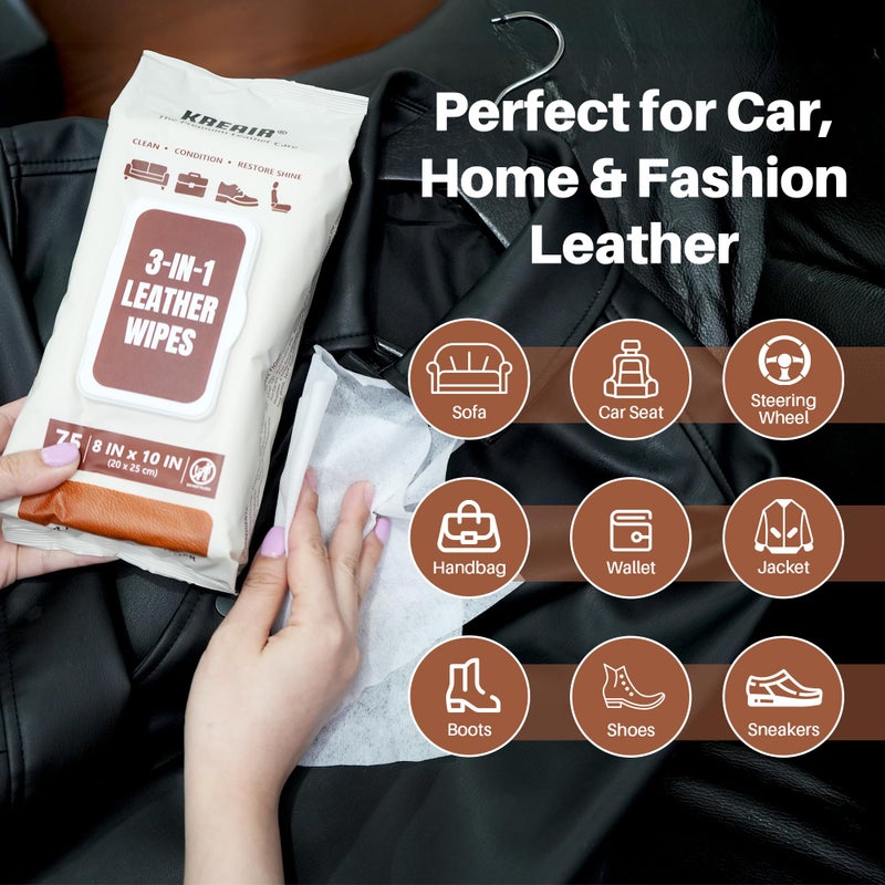 Kreair 3in1 Leather Wipes 75 XL Count, Clean, Condition & Restore Shine, Extra-Large 8"x10" Wipes for Car Seats, Shoes, Furniture & Bags, Thick, Durable & Non-Linting, Safe for All Leather Types - Image 2