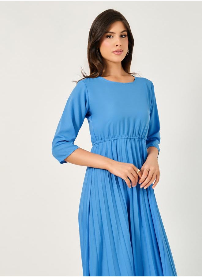 Styli - Solid Accordion Pleated A-Line Midi Dress - Image 1