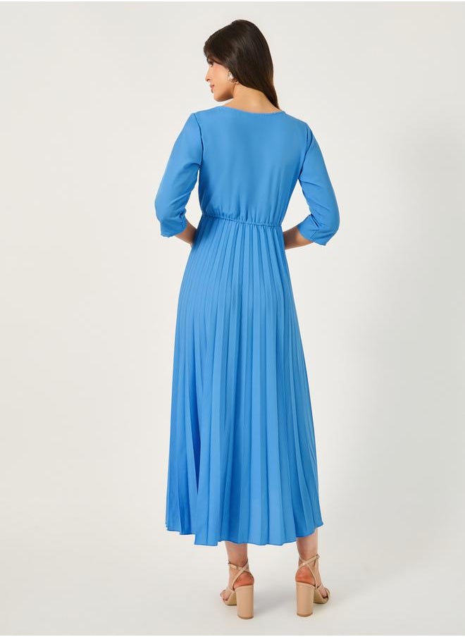 Styli - Solid Accordion Pleated A-Line Midi Dress - Image 1