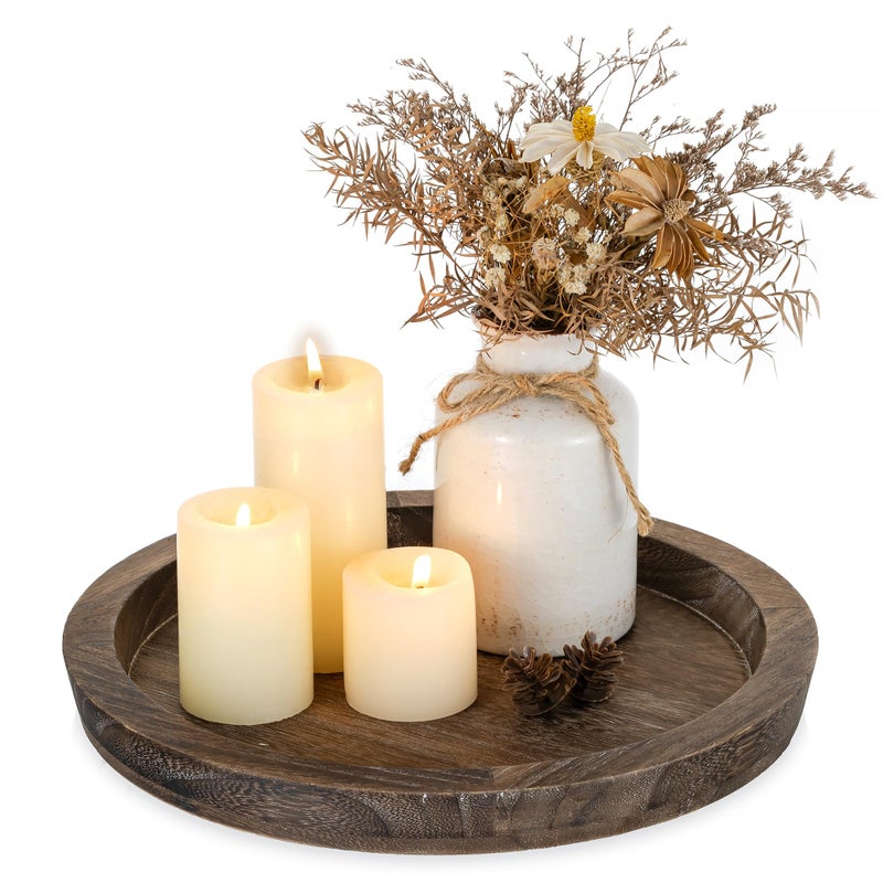 Romadedi Farmhouse Wooden Candle Tray - 11 Inch Round Decorative Trays for Coffee Table Dining Centerpiece Kitchen Counter Candle Holder Wood Trays for Christmas Rustic Home Decor - Image 1