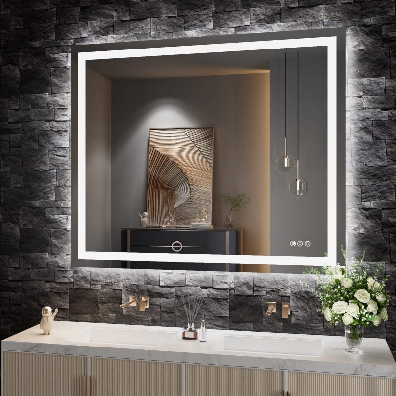 مرآة حمام LED أموره 48X40 مع إضاءة أمامية وخلفية قابلة للتعتيم بدون خطوات مع مرايا حائط مضادة للضباب ومضادة للكسر بذاكرة 3 ألوان مرآة تجميل مزدوجة LED مدرجة من ETL