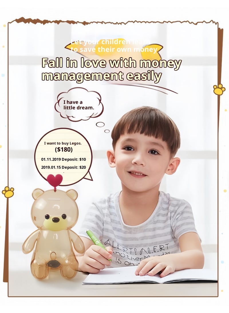 Transparent Piggy Bank, Children's Coin Bank, made of PP plastic material, environmentally friendly, safe, shatterproof and durable, with khaki bear pattern, large capacity, suitable for both boys and girls. - Image 5