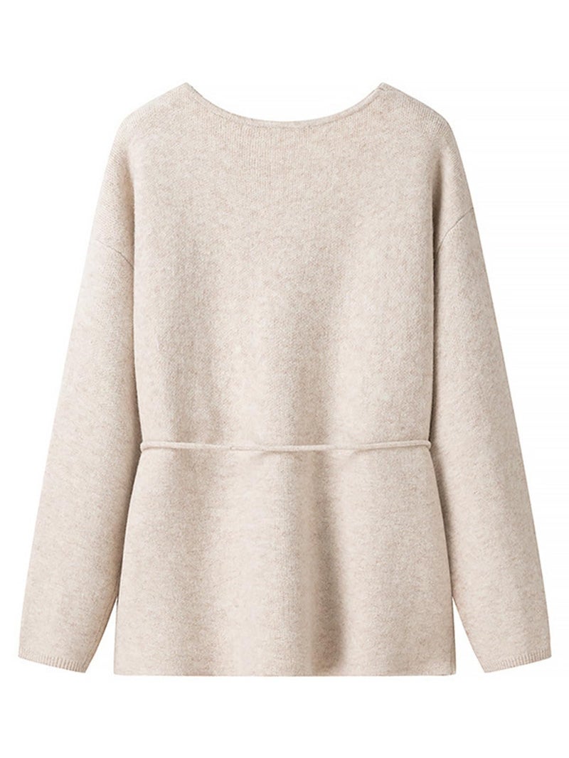 CUFEZN Women's Wrap Sweater Cardigan Tie Belted V-Neck Long Sleeve Overzzed Knit Cardigan 2026 Fashion Oatmeal Small - Image 2