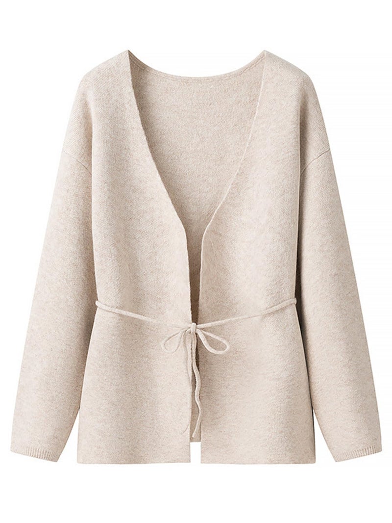 CUFEZN Women's Wrap Sweater Cardigan Tie Belted V-Neck Long Sleeve Overzzed Knit Cardigan 2026 Fashion Oatmeal Small - Image 1