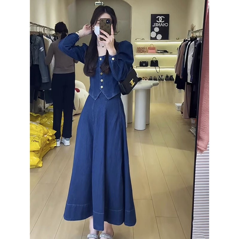 Retro Hong Kong Denim Skirt Set Women 2024 Autumn Slimming Fashion Two-Piece [two-piece] Denim top Denim skirt