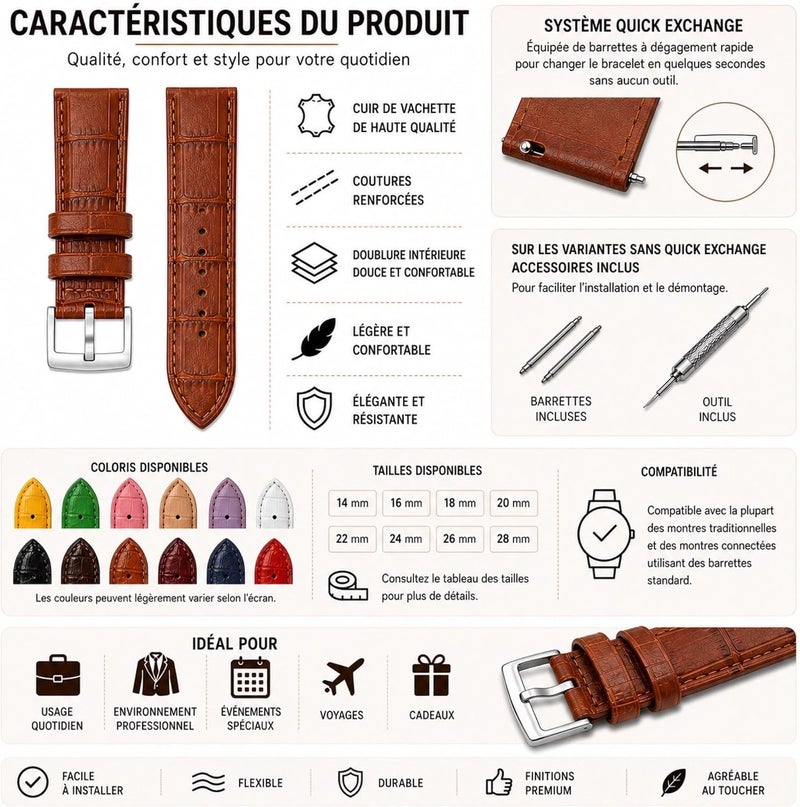 diloy Uhrenarmband aus leder mit Krokodil-Prägung, Kroko 14 mm, 16 mm, 18 mm, 20 mm, 22 mm, 24 mm, 26 mm, 28 mm, 30 mm, Ref. 368 - Image 3