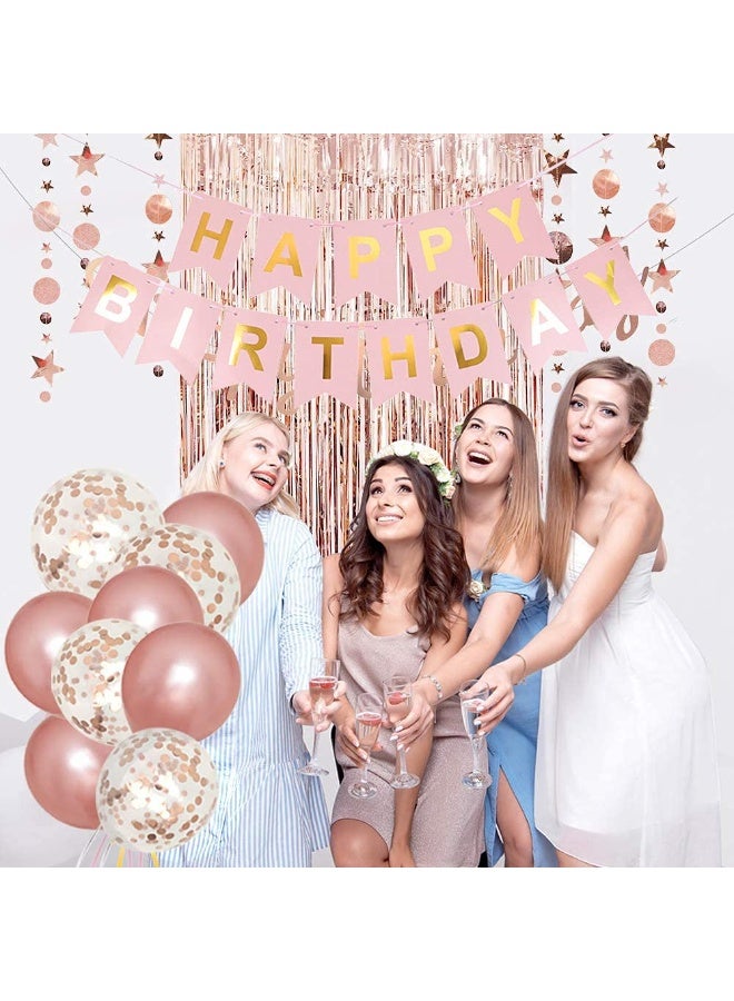 Rose Gold Birthday Party Decorations, Happy Birthday Banner, Rose Gold Fringe Curtain, Heart Star Foil Confetti Balloons, Hanging Swirls for Women Girls Birthdays Princess Party - Image 5