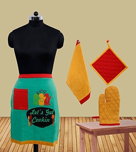 Dekor World Cotton Fun Club Let's Get Cooking Bistro Apron - Green, 4 Piece - Image 1