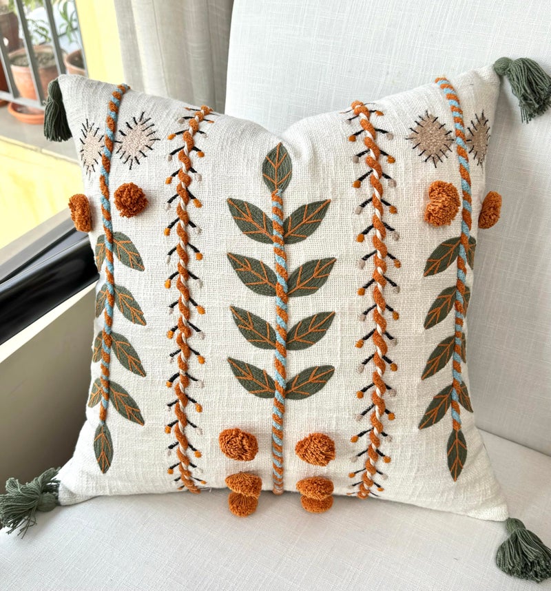 YugTex Hand Embroidered Saloni Boho Decorative Square Accent Throw Pillow Cover - Couch, Sofa, Farmhouse, Bedroom - 20x20, Burnt Orange - Image 1
