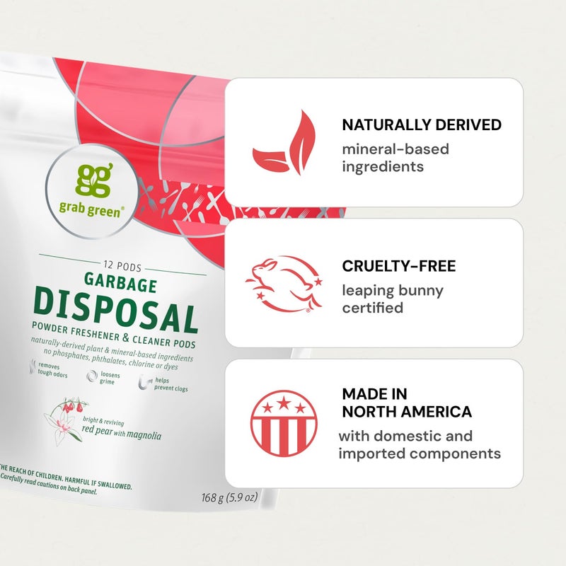 Grab Green Garbage Disposal Freshener and Cleaner Pods, 12 Count, Thyme with Fig Leaf Scent, Plant and Mineral Based, Removes Odors, Loosens Grime, Prevents Clogging - Image 3