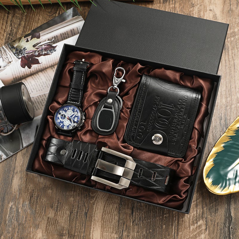 Mens Watch Gift Set 4pcs Wristwatches Keychain Wallet Band Clock Suitable For Birthday Holiday Gifts Black