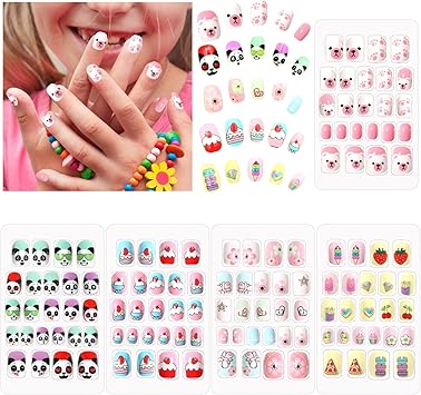 Scettar 120PCS Kids False NailsScettar Kids Press on Nails Kids Stick on Nails Full Cover Kids Nails for Girls Kids Gift DIY Nail Art Decor 4 Boxes Different Patterns - Image 1