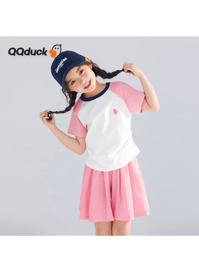 Qq Duck Girls' Short-sleeve T-shirt, Children's Summer Half-sleeve Top, Youth Clothing, Pleated Short T-shirt, White; Size 130
