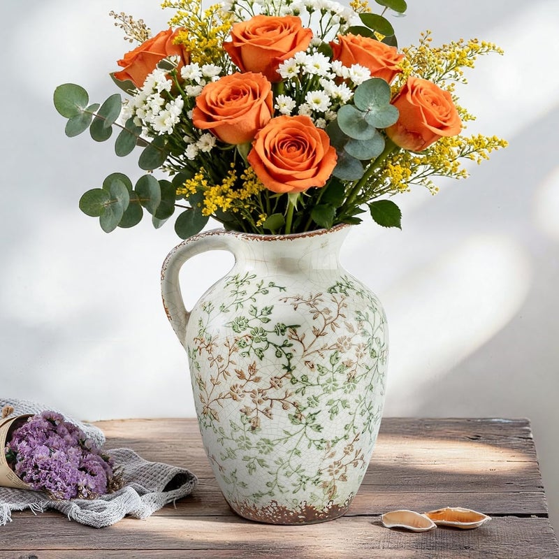 Enra Smooth joint Enra Vintage vase,Ceramic Chinoiserie Floral Vase,Green and Beige Decorative Flower vase,Large Rustic Vases for Home Decors, Living Room, Bookshelf, Office，9.7 inch Budget friendly trendy design - Image 1